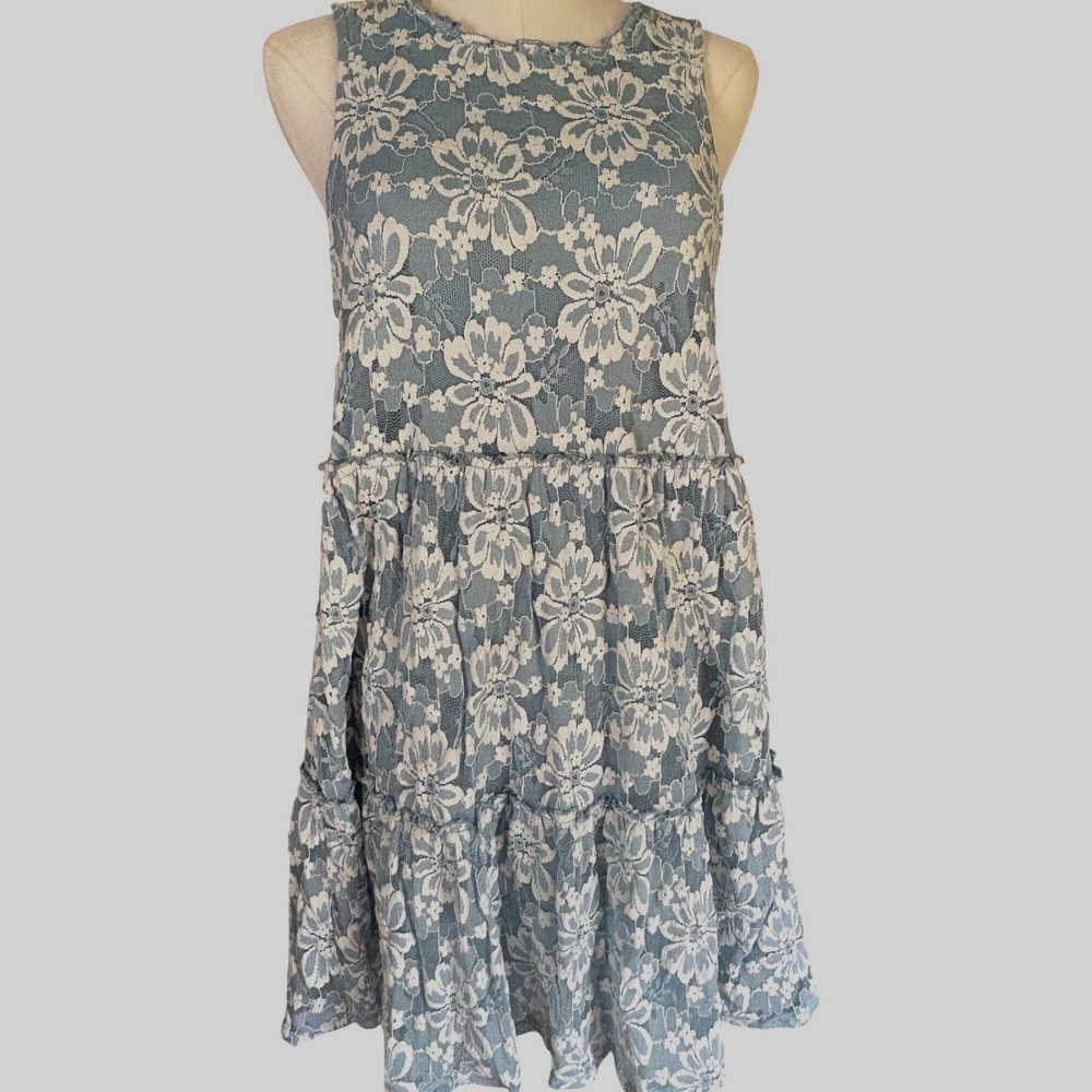 Speechless Womens Blue Floral Lace Tiered Mini Babydoll Dress Size L Sleeveless